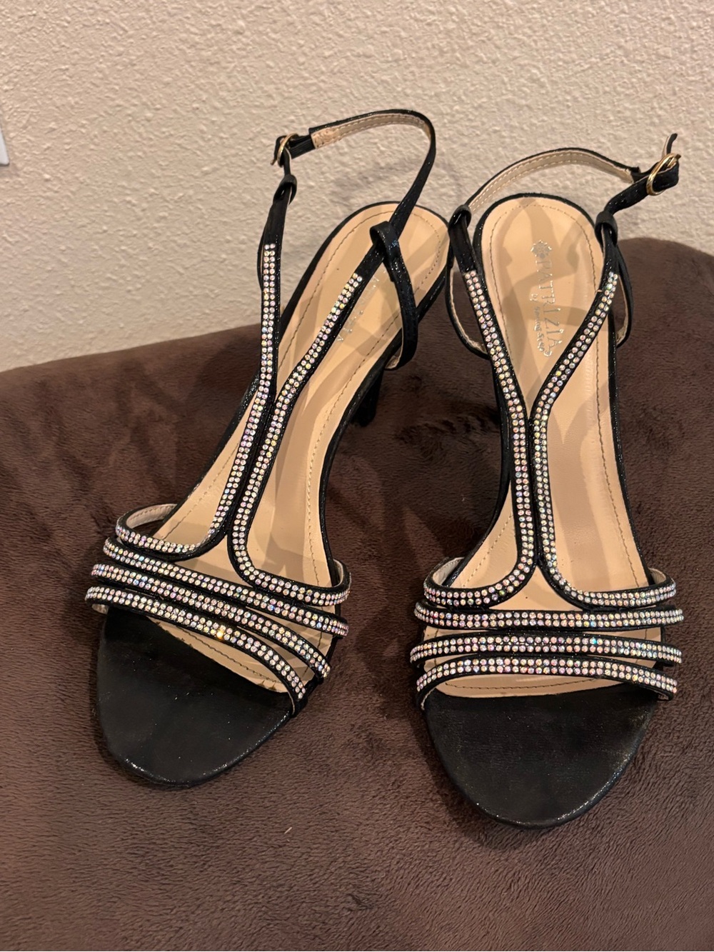 Black Rhinestone T-Strap Women's Dress Heels • Size 10.5-11